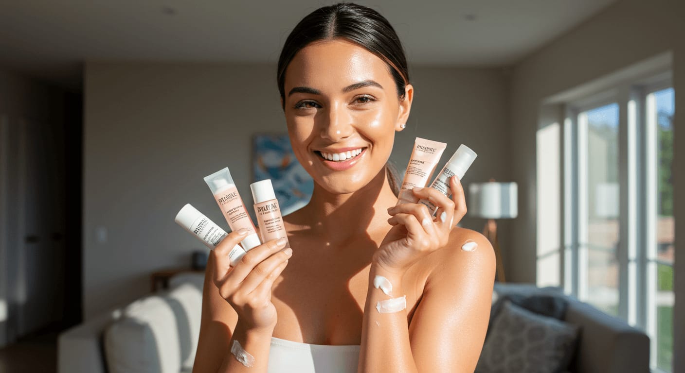 A radiant woman with glowing skin holds an array of hydrating makeup products, smiling in natural sunlight.