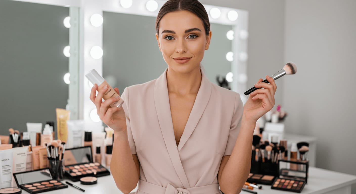 A beauty expert holds a foundation bottle and makeup brush in a professional vanity setup, surrounded by high-quality cosmetic products.