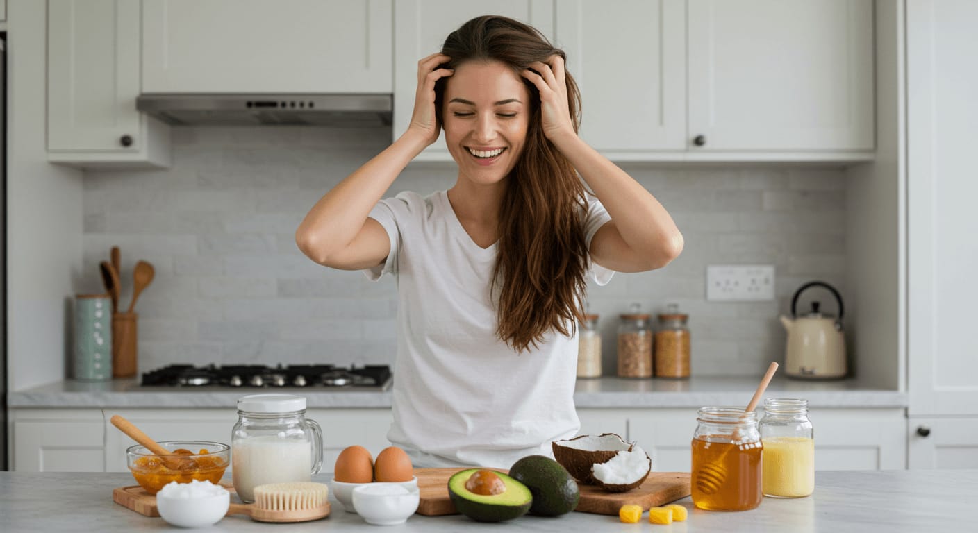 A woman in a kitchen smiles while massaging her scalp, surrounded by natural ingredients like avocado, honey, eggs, and coconut.