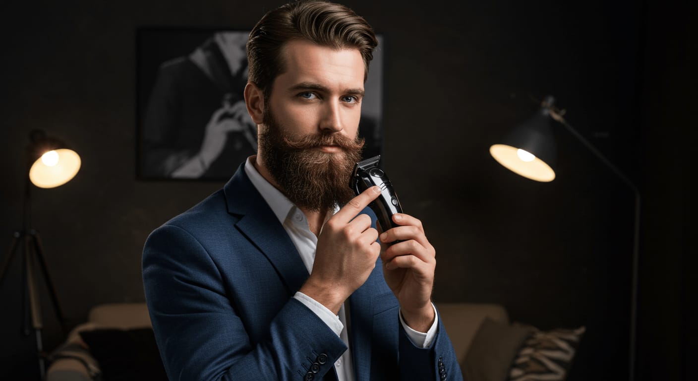 A well-groomed man in a blue suit holds a beard trimmer while maintaining a confident expression.