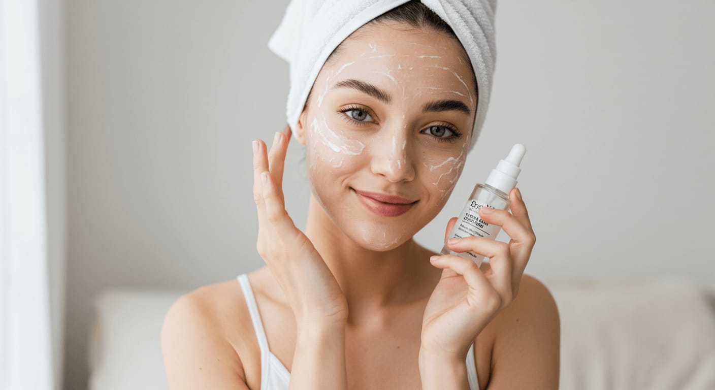 A young woman with a towel wrapped around her head applies a nourishing serum to her freshly steamed face.