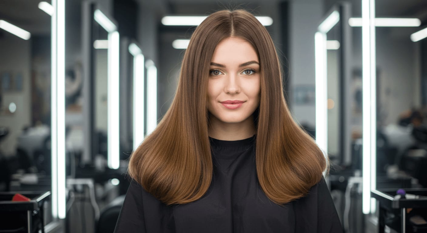 A woman with sleek, healthy brown hair sits in a salon chair, surrounded by professional lighting and mirrors.