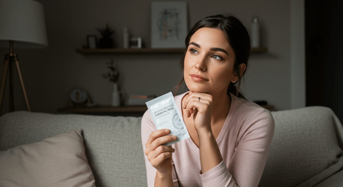 A thoughtful woman sits on a cozy couch, holding a packet of an at-home chemical peel while contemplating her skincare choices.