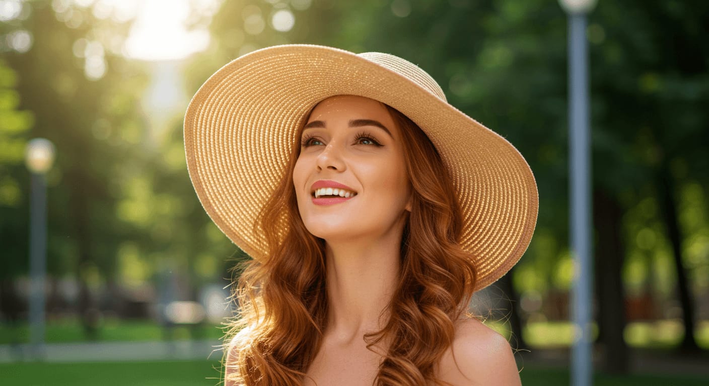 A young woman with long, wavy red hair wears a wide-brimmed straw hat while enjoying a sunny day outdoors.