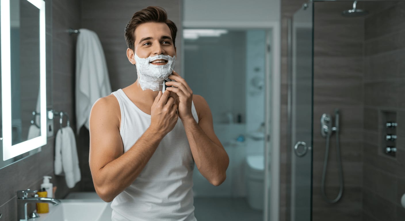 A smiling man in a white tank top shaves his face with a razor while standing in a modern bathroom.