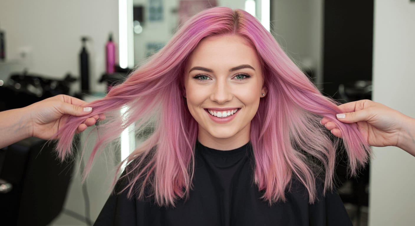 A smiling woman with vibrant pink hair is having her hair inspected at a salon, with hands gently holding her hair to check the color and condition.