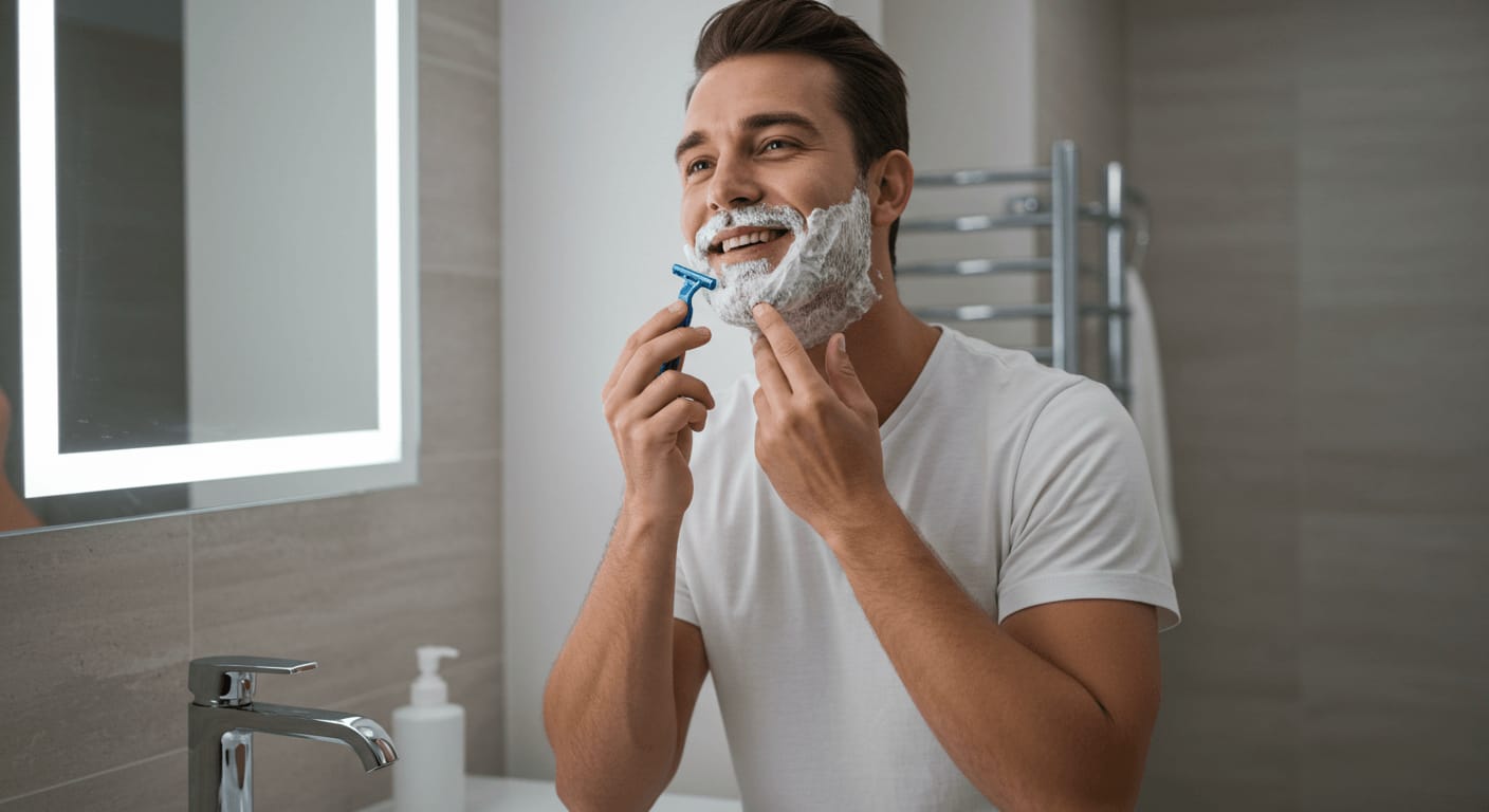 A smiling man in a white t-shirt shaves his face with a blue razor while looking into a bathroom mirror.