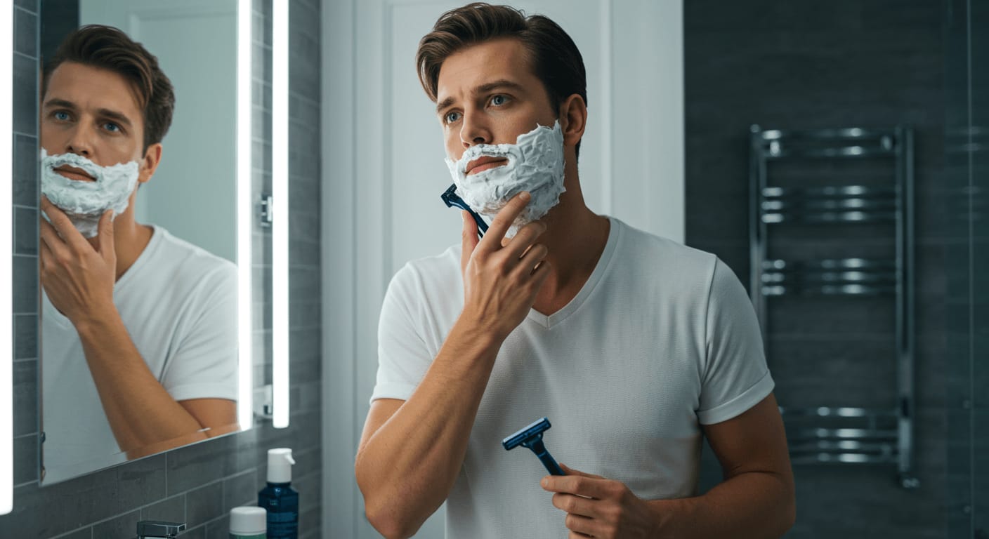 A man in a white t-shirt applies shaving cream to his face while looking in the mirror, preparing to shave.