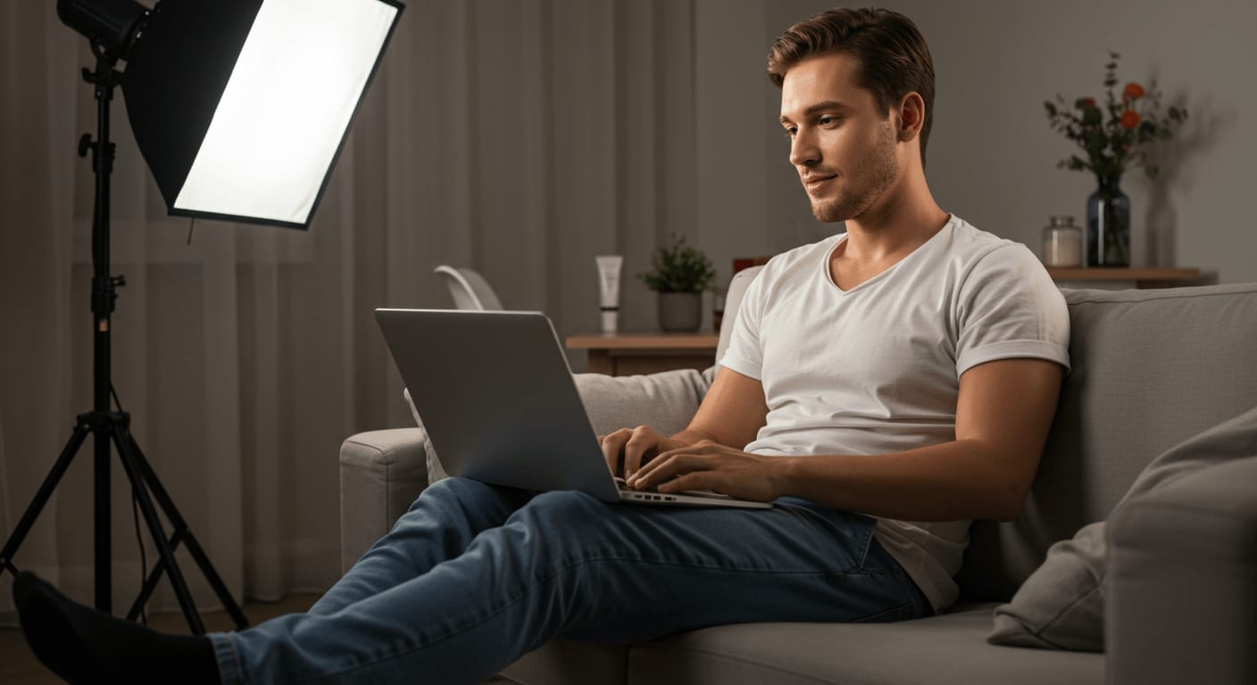 A young man in a white t-shirt and jeans sits on a couch using a laptop, with professional lighting set up nearby.