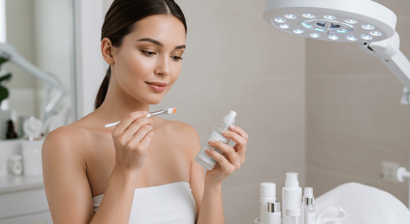 A woman in a spa-like setting carefully applies a chemical peel solution with a brush, surrounded by professional skincare products and LED lighting.