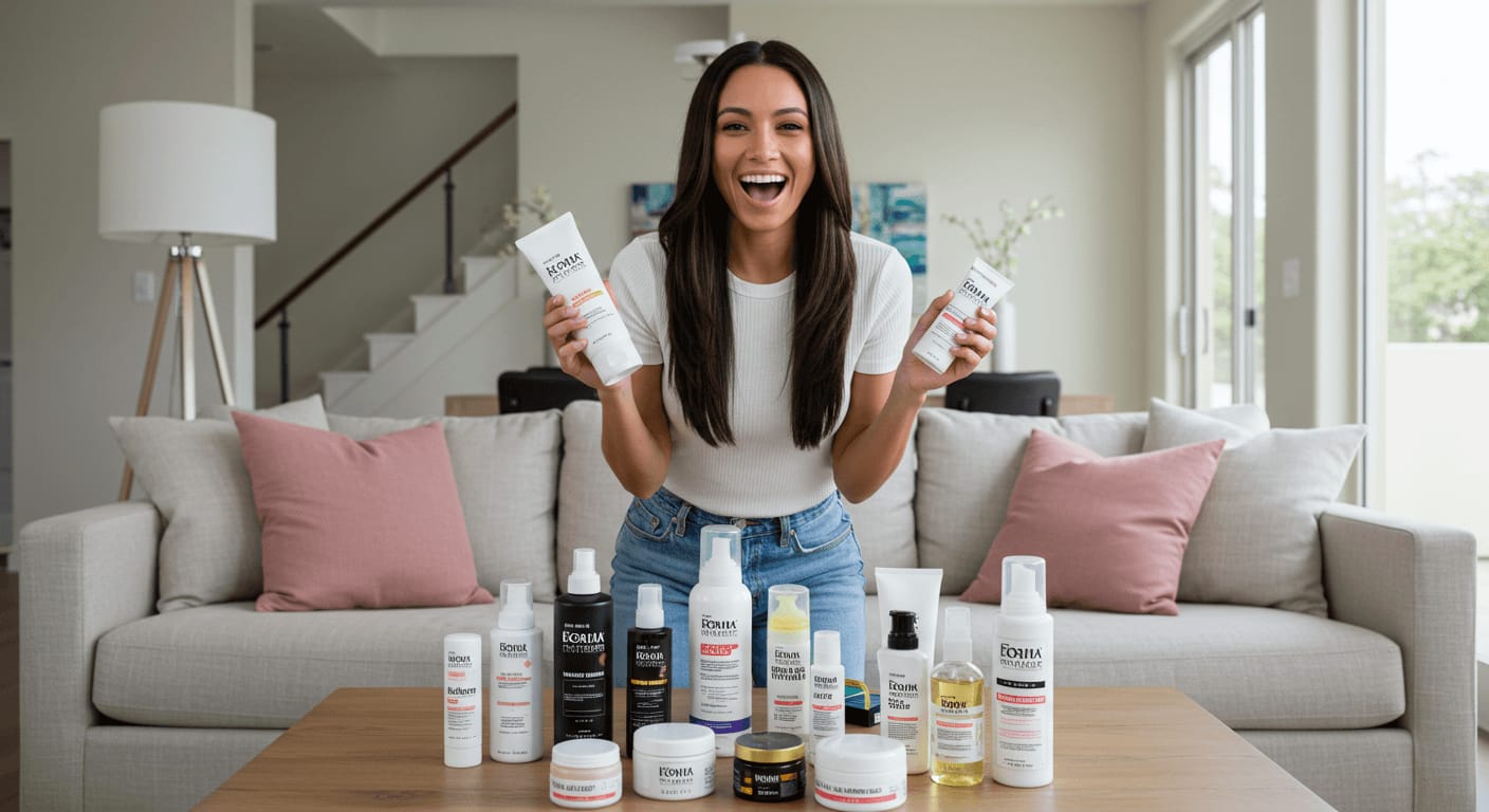 A cheerful woman with long, sleek, dark hair stands behind a table filled with a variety of styling products designed to combat frizz, smiling widely while holding two bottles in her hands in a bright, modern living room.