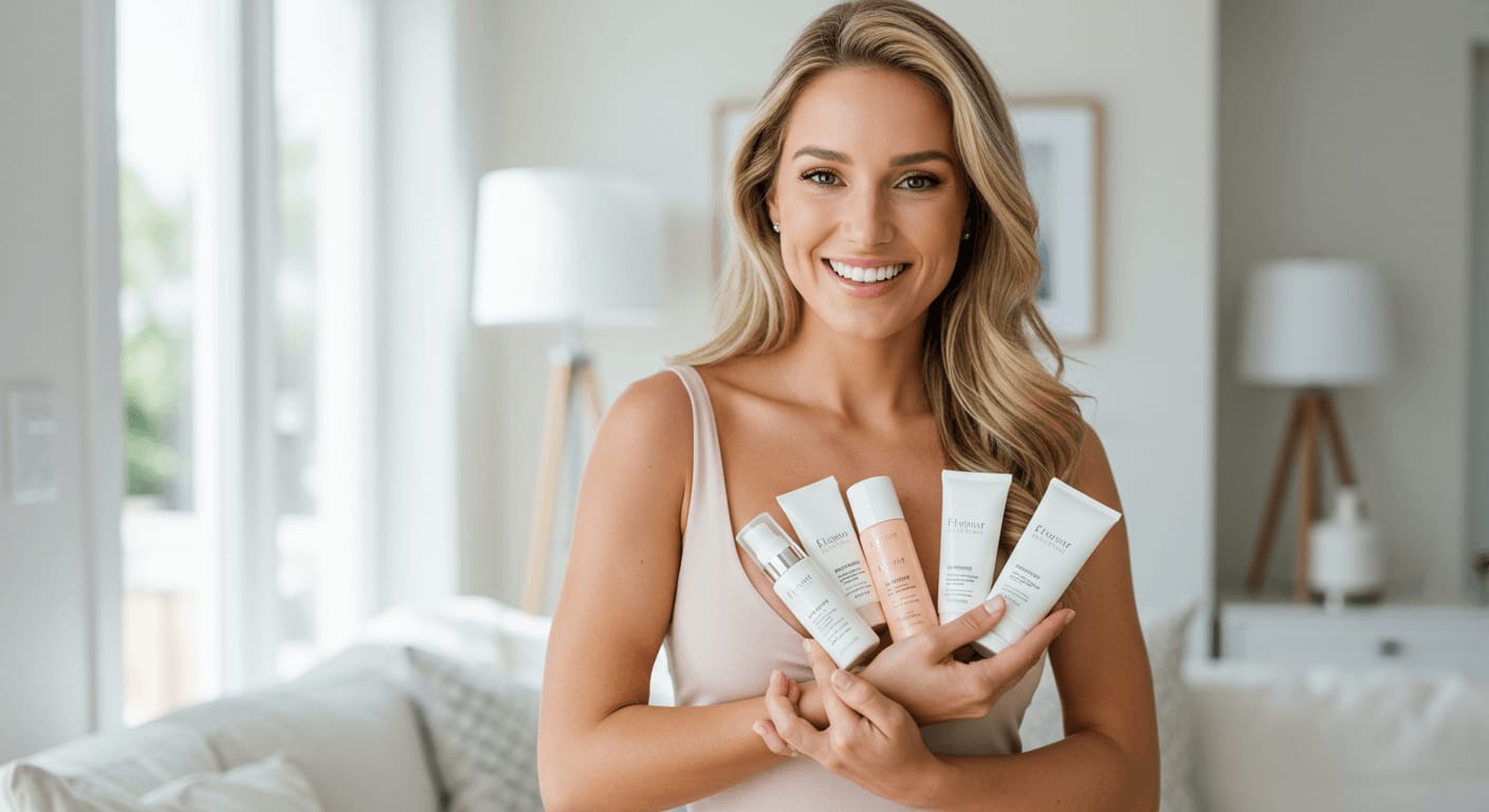 A smiling woman with blonde hair holds several skincare products in her arms while standing in a bright, modern living room.