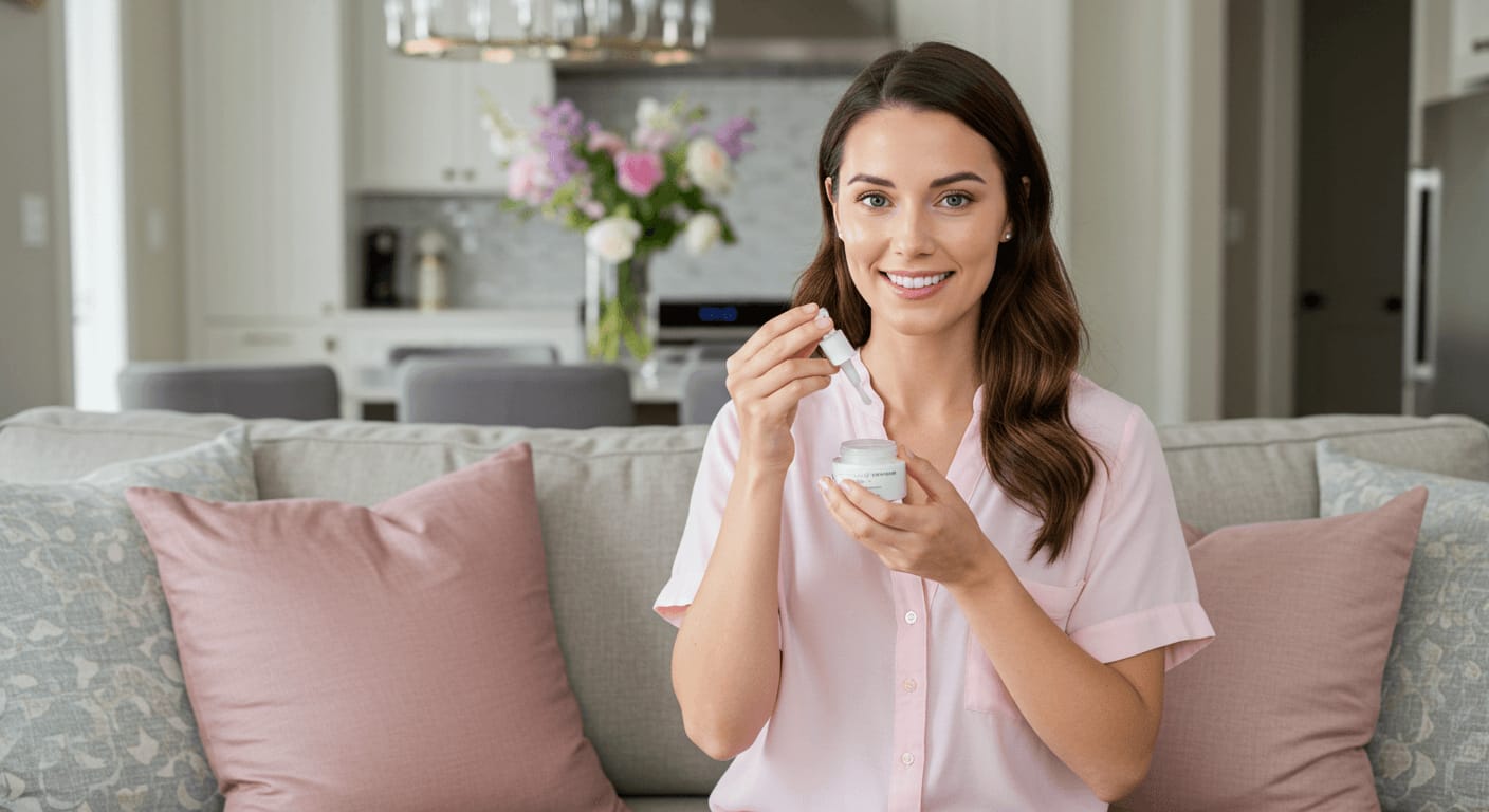 A woman sitting on a cozy couch, smiling as she applies a skincare serum with a dropper, preparing for an at-home chemical peel.