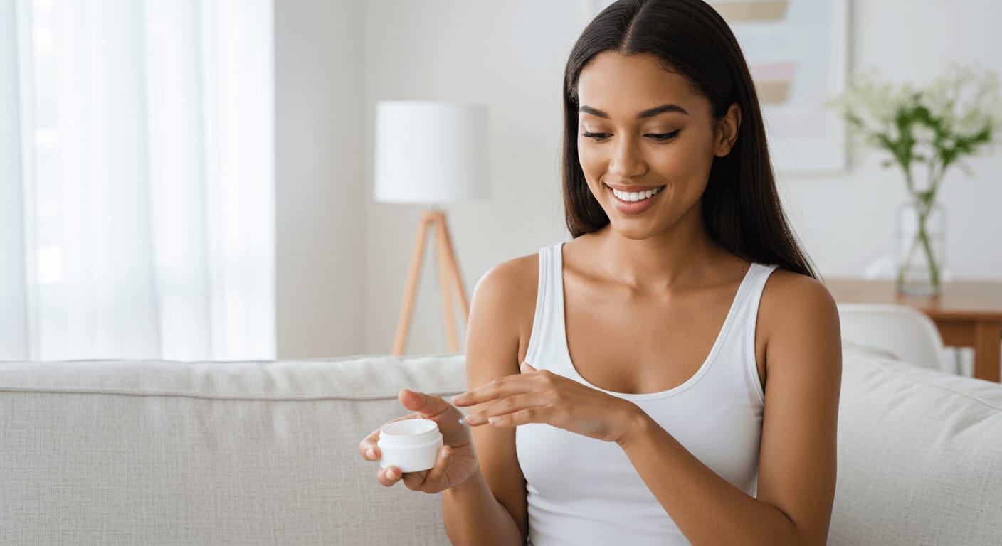 A smiling woman in a white tank top sits on a light-colored sofa, applying cream from a small white jar.
