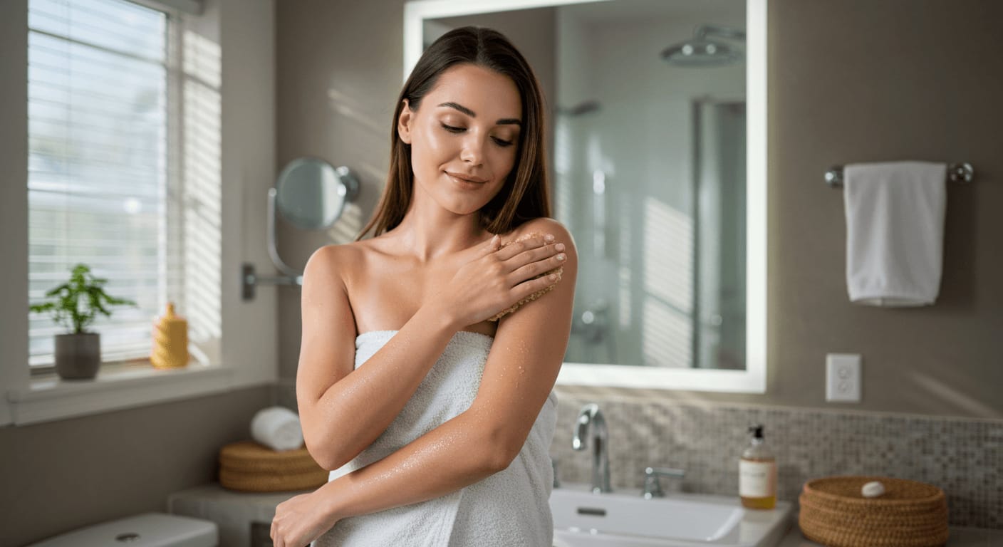 A woman wrapped in a white towel gently exfoliates her shoulder in a bright, modern bathroom.