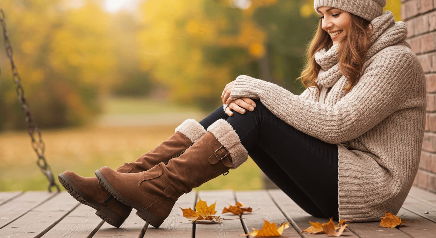 A woman dressed in cozy autumn attire, including a knit sweater, scarf, hat, and brown boots, sits on a wooden porch surrounded by fallen leaves.
