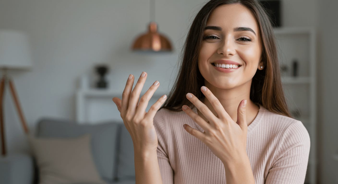A cheerful woman in a beige top shows off her natural, healthy nails with a bright smile in a cozy home setting.