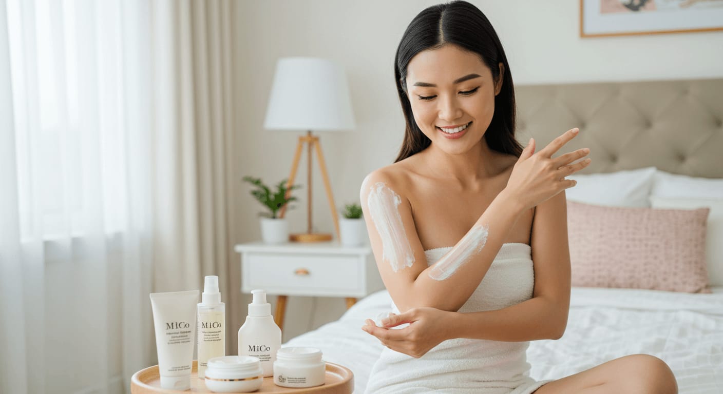 A woman in a white towel applies a rich body moisturizer to her arms while sitting on a cozy bed, surrounded by an assortment of skincare products.