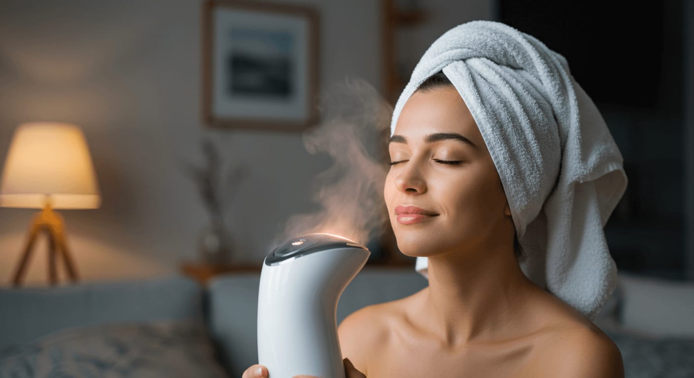 A woman with a towel wrapped around her head enjoys a relaxing facial steaming session in a cozy, dimly lit room.