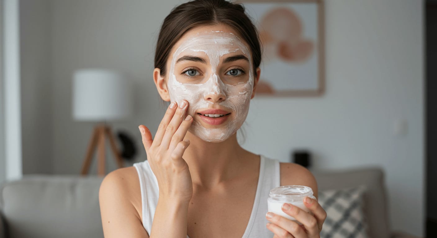 A woman applying a creamy face mask while holding a jar of the product, sitting in a cozy living room with soft lighting.