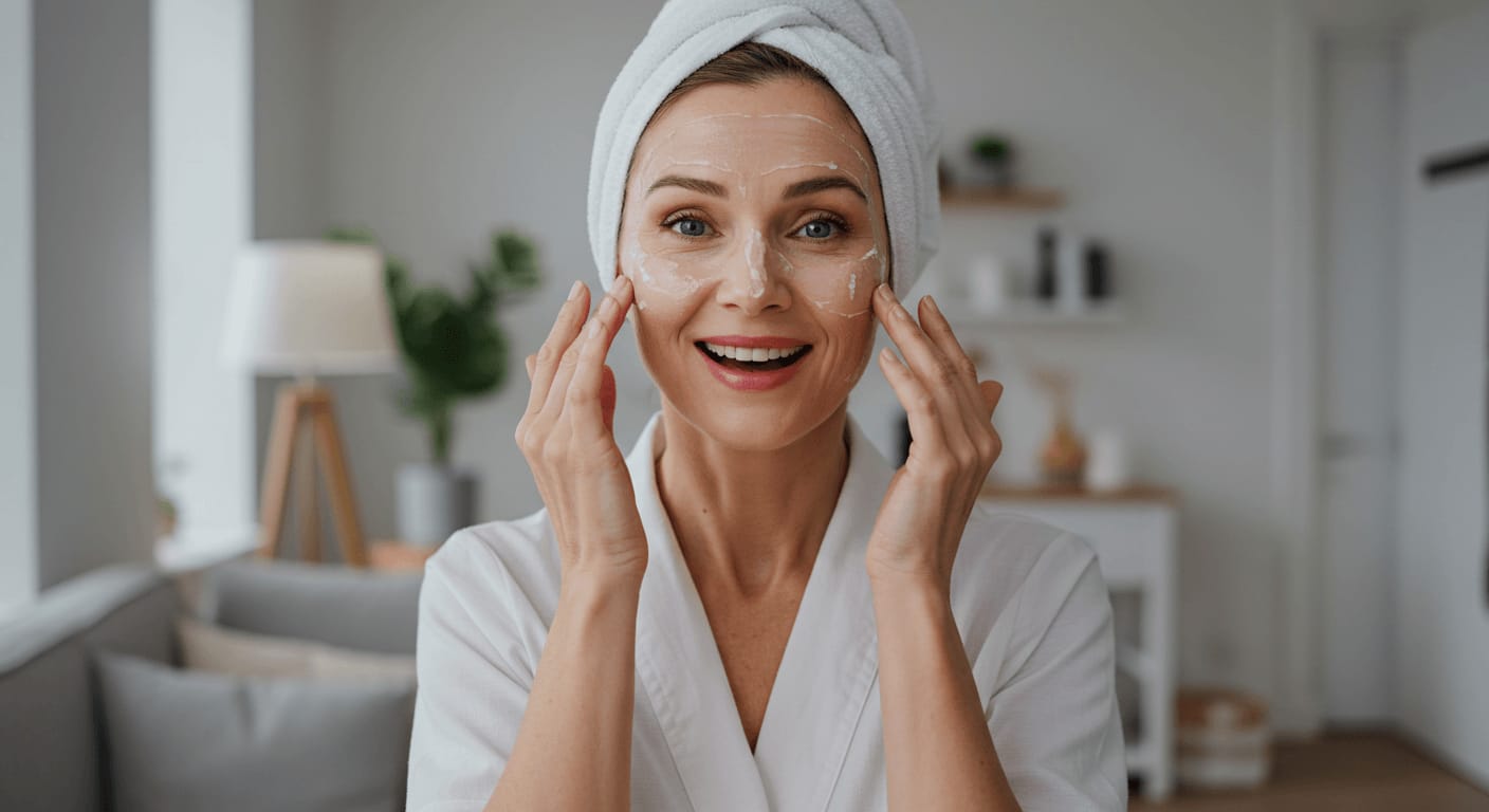 A cheerful woman with a towel wrapped around her head applies a chemical peel mask to her face in a bright, modern living room.
