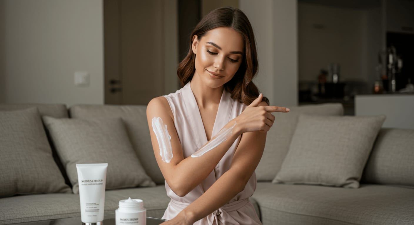 A woman in a soft pink robe applies body moisturizer to her arms while sitting on a stylish couch, surrounded by premium skincare products.