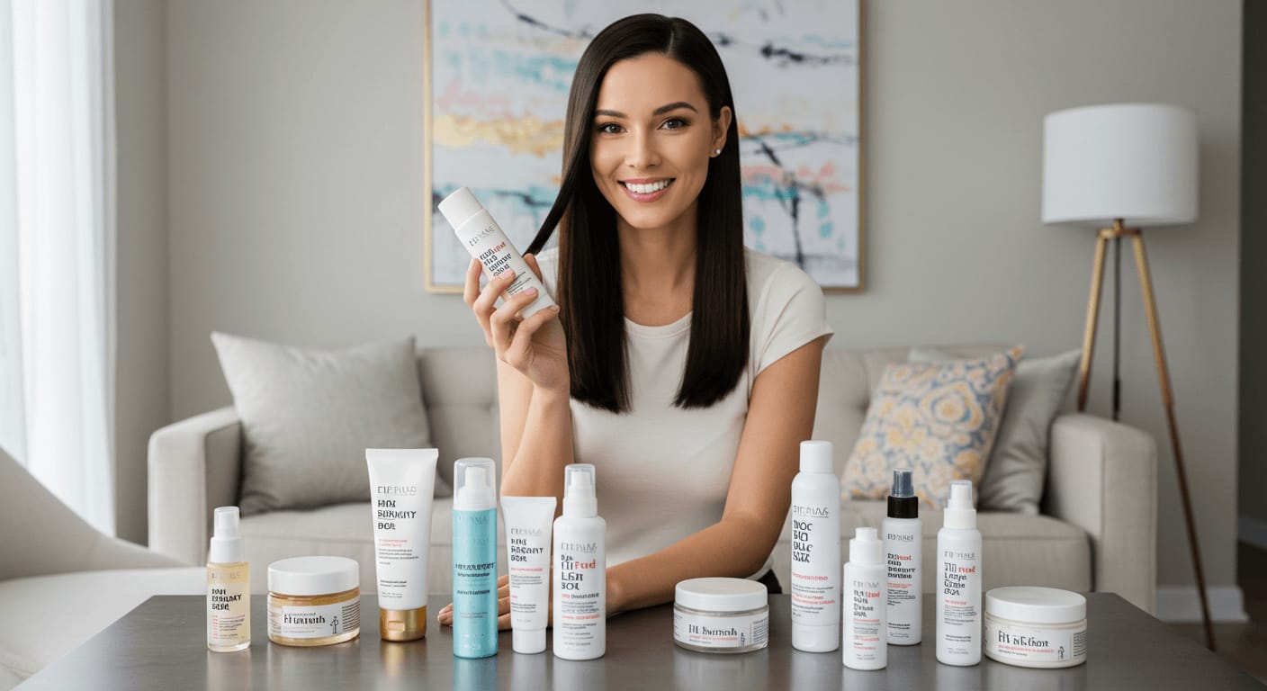 A smiling woman with sleek, straight dark hair sits at a table, holding a white bottle of hair product. Various hair care products in white, gold, and pastel packaging are neatly arranged in front of her.