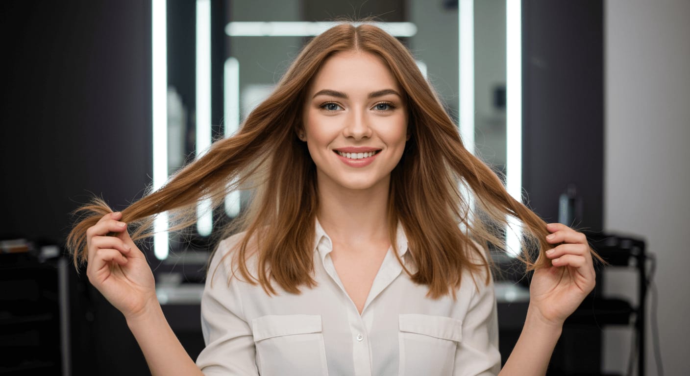 A woman with freshly trimmed, healthy-looking hair smiling and holding the ends of her strands in a salon.