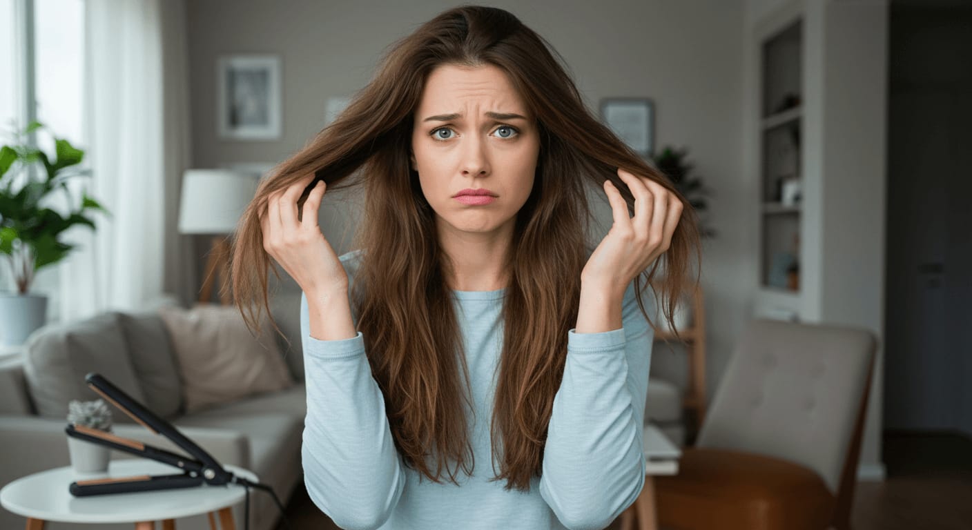 A worried woman with dry, damaged hair holds her strands while sitting in a living room.