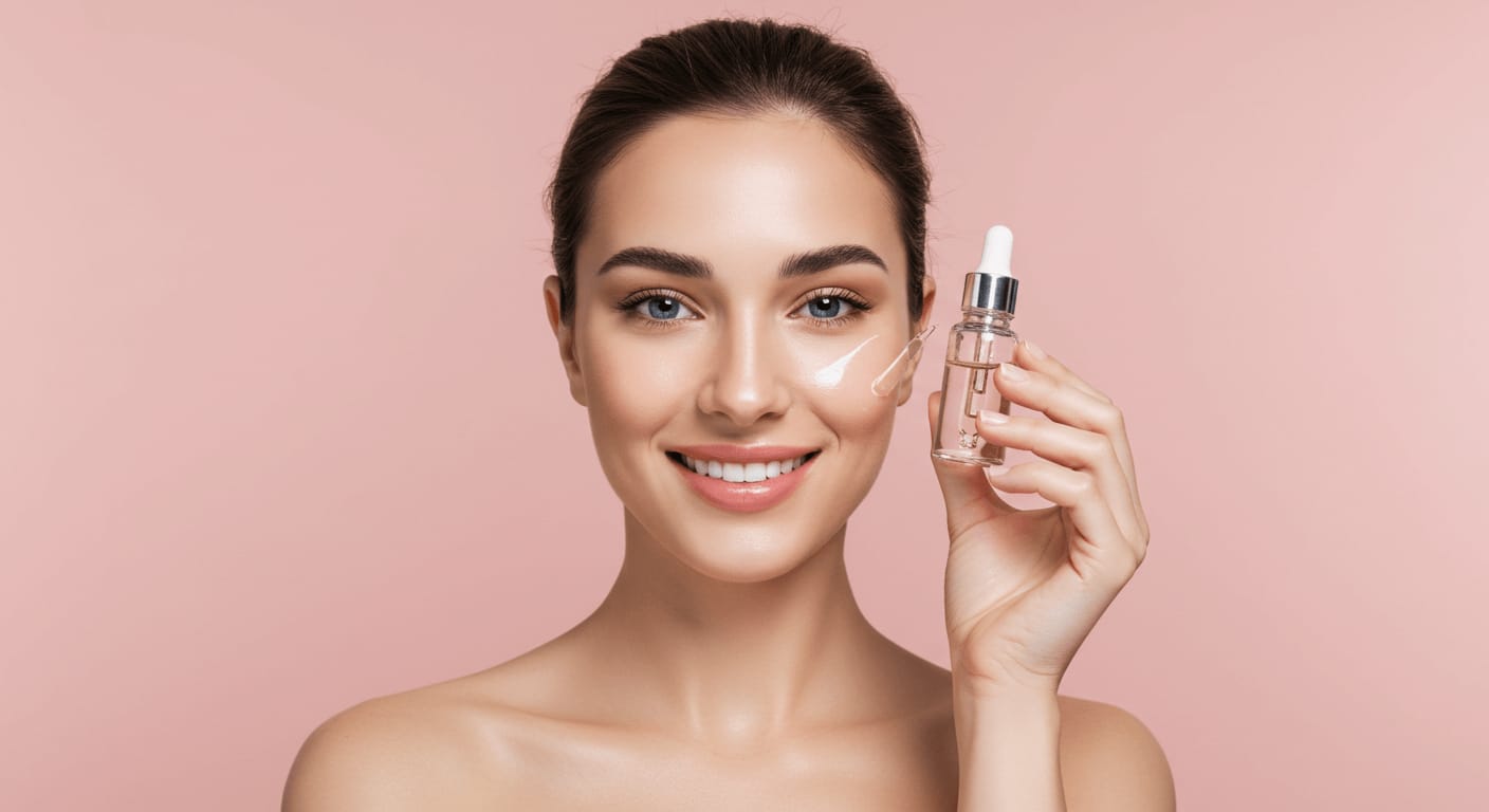 A radiant woman with glowing skin applies a skincare serum to her cheek using a dropper, set against a soft pink background.