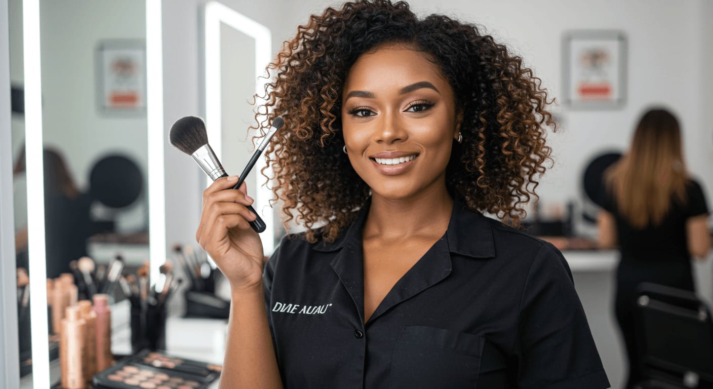 A confident makeup artist with curly hair smiles while holding two makeup brushes in a professional beauty studio with mirrors and makeup products in the background.