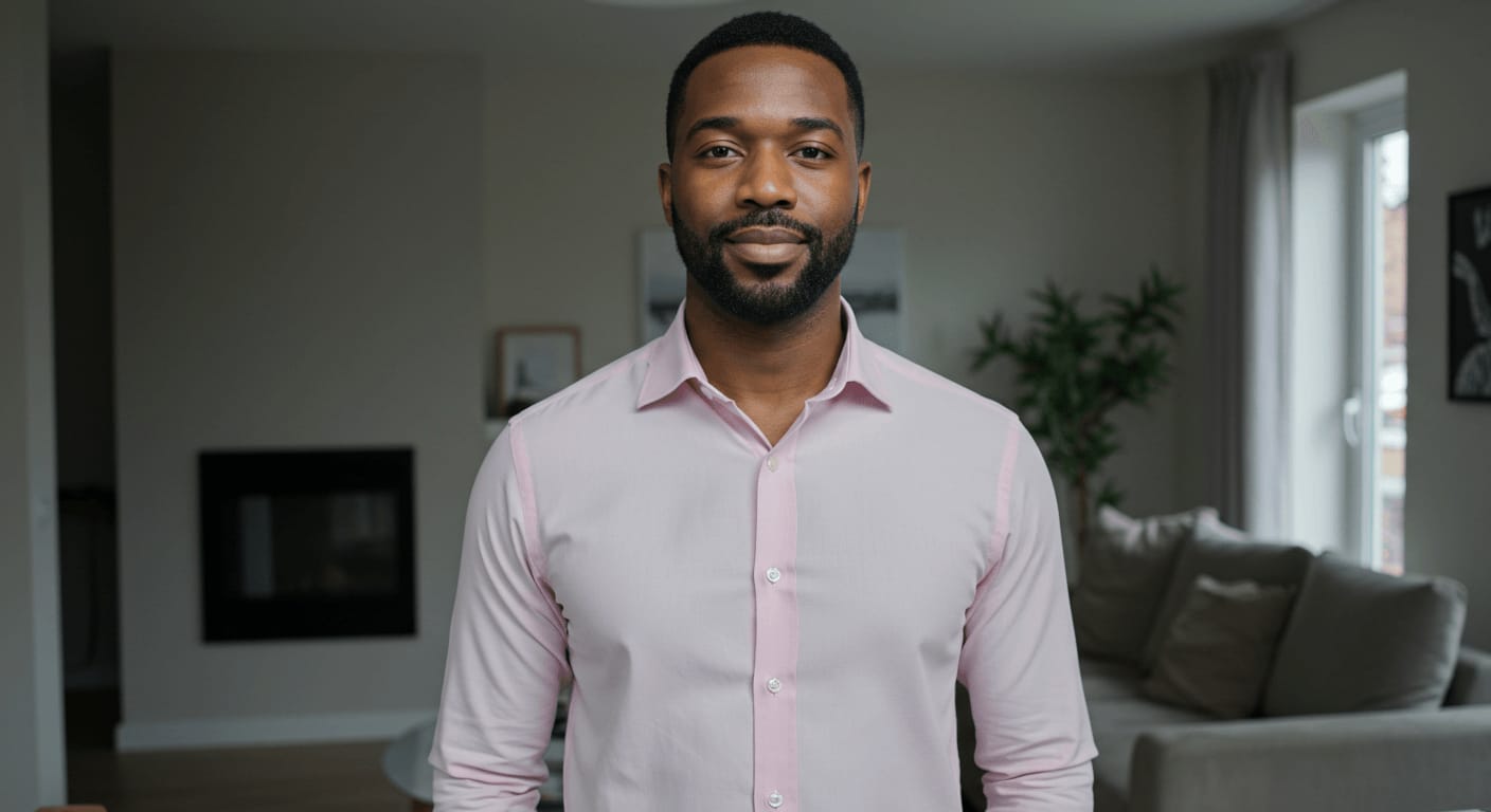 A confident man in a light pink dress shirt stands in a modern living room with a relaxed expression.