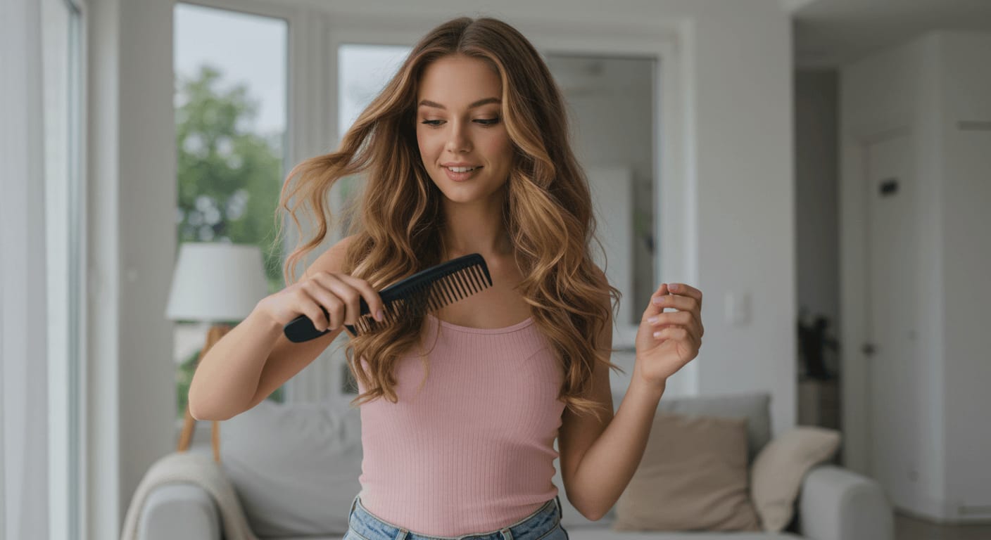 A young woman with long, wavy hair gently combs her hair with a wide-tooth comb in a bright, cozy living space.