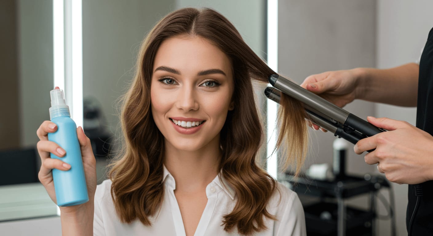 A woman in a salon holding a heat protectant spray while a stylist uses a curling iron on her hair.