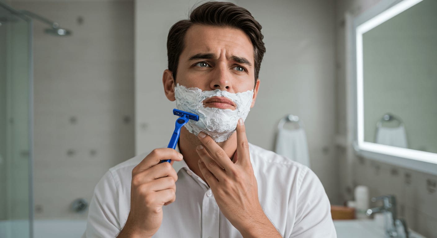 A man in a white shirt applies shaving cream to his face, looking frustrated while holding a blue razor.