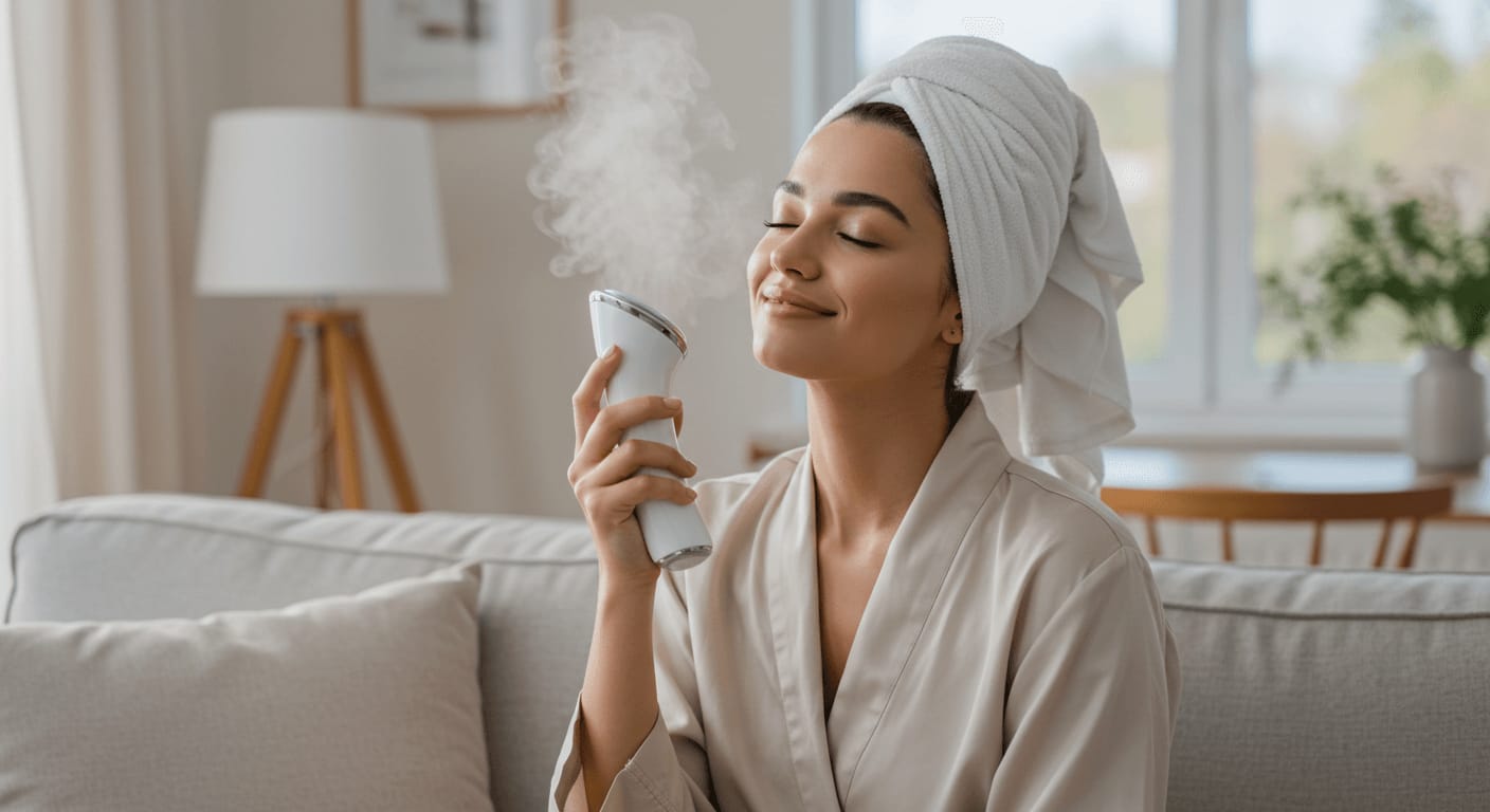 A woman in a cozy robe with a towel wrapped around her hair, enjoying a relaxing facial steaming session at home.