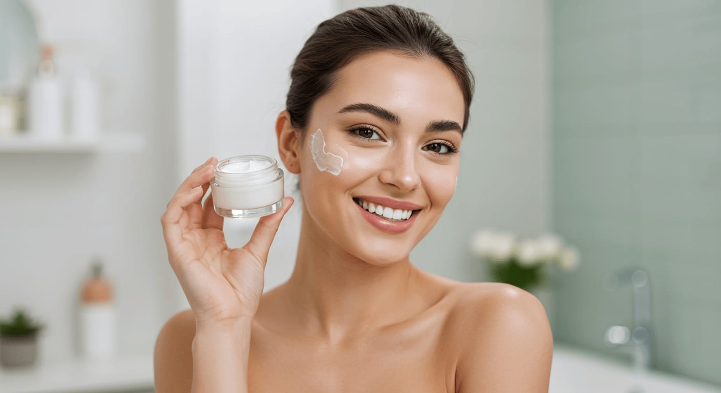 A smiling woman with clear skin holds a jar of face cream while applying the product to her cheek in a bright, modern bathroom.