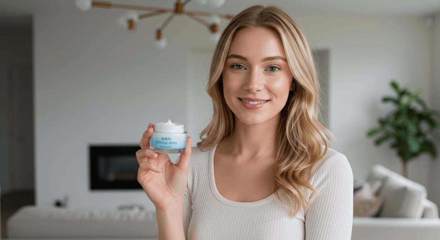 A smiling woman with glowing skin holds a jar of moisturizer in a modern, cozy living space, emphasizing the importance of hydration in skincare.