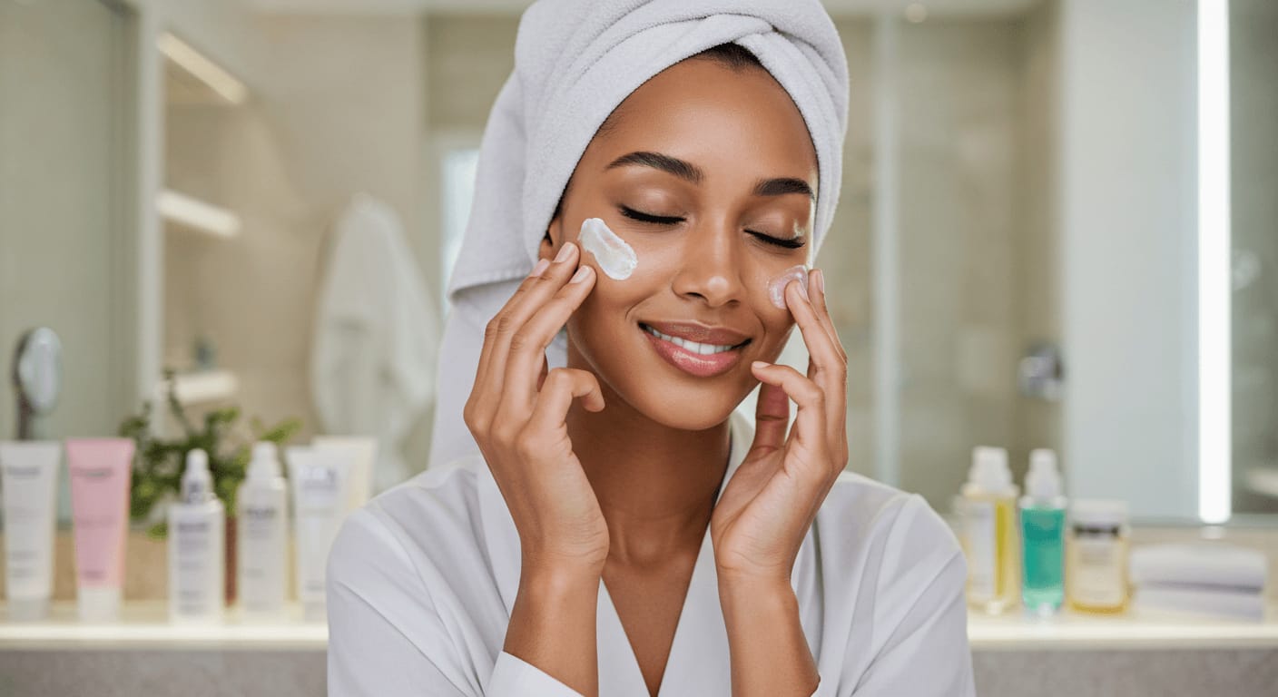 Woman with a towel wrap and a white robe gently applying skincare cream to her cheeks with a peaceful smile in a luxurious bathroom.