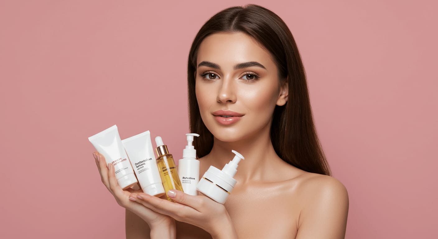A woman with flawless skin holds an assortment of skincare products against a soft pink background, showcasing a well-balanced beauty routine.