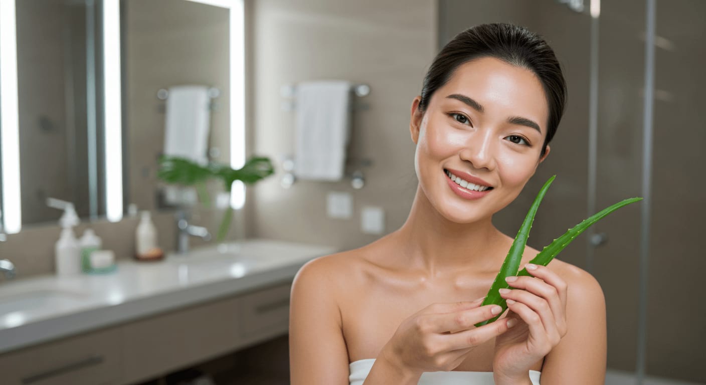 Smiling woman holding fresh aloe vera leaves in a modern bathroom.