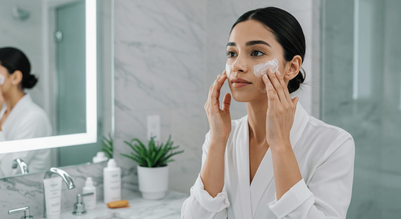 A woman in a white robe applying facial cream in a modern bathroom with a marble countertop and illuminated mirror.
