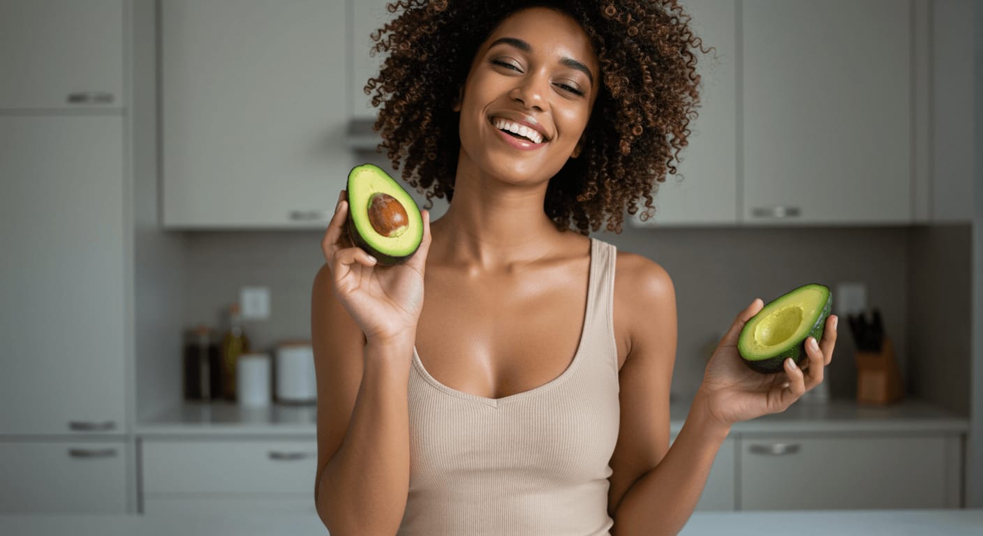 A joyful woman in a beige tank top holds two halves of a fresh avocado in a modern kitchen, highlighting its skin-nourishing benefits.