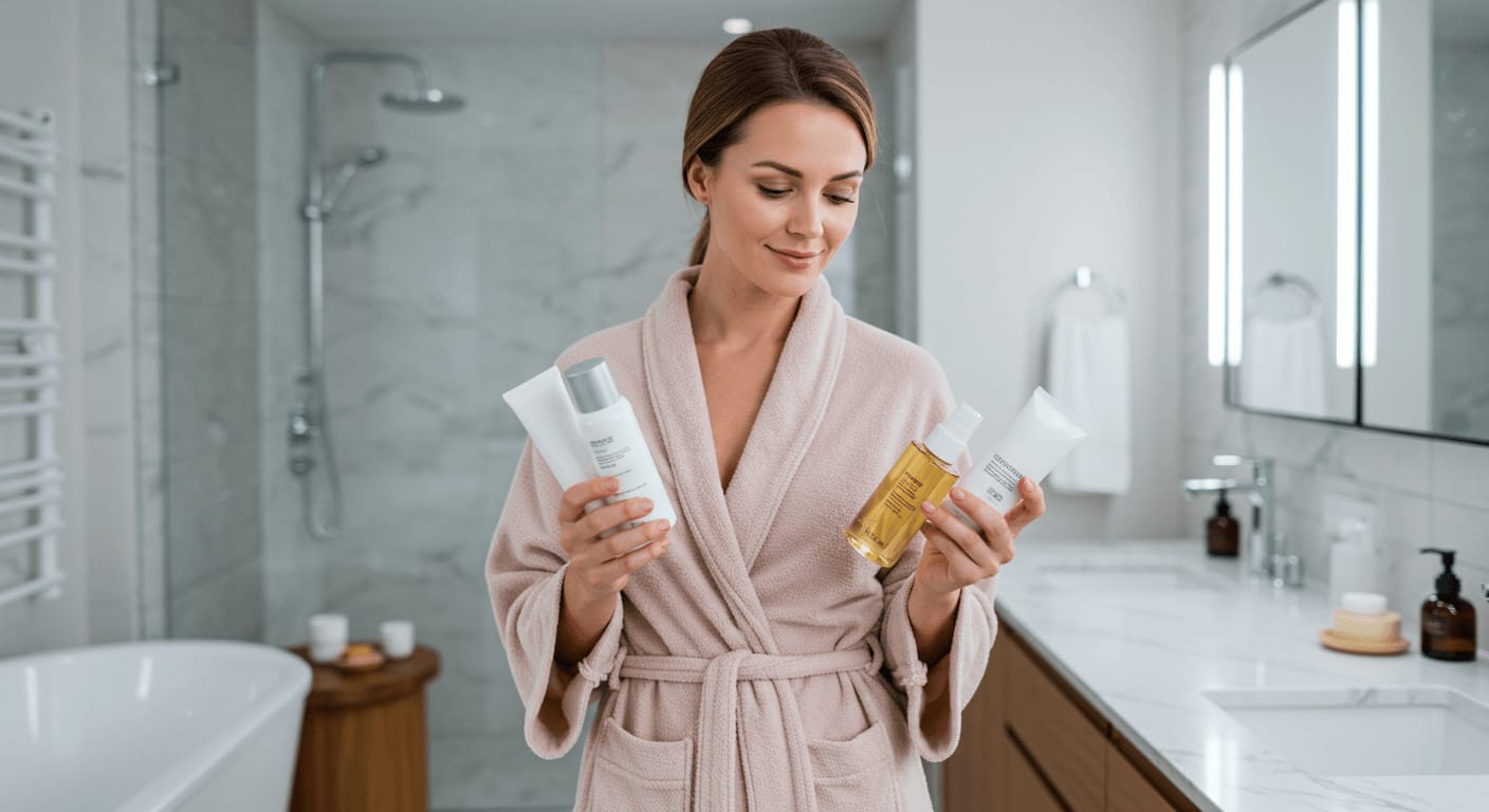 A woman in a soft pink robe examines various skincare products in a luxurious bathroom.