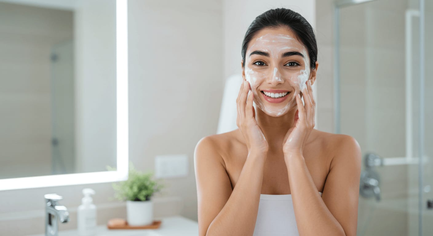 A young woman with dark hair, wearing a white tube top, gently massages a foamy facial cleanser onto her face while smiling in a modern, well-lit bathroom.