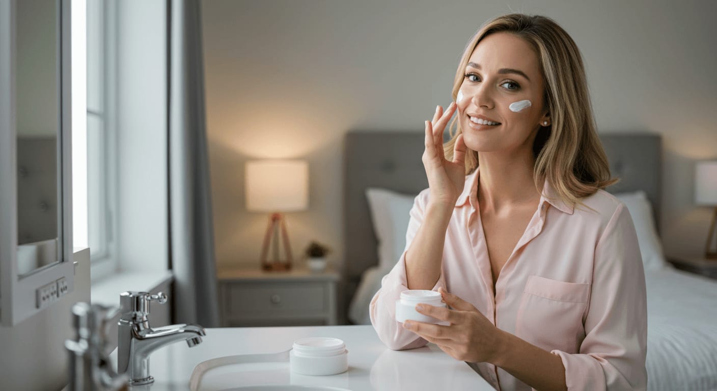 A young woman with blonde hair, wearing a soft pink blouse, applies a hydrating moisturizer to her face while sitting at a vanity in a cozy, well-lit bedroom.