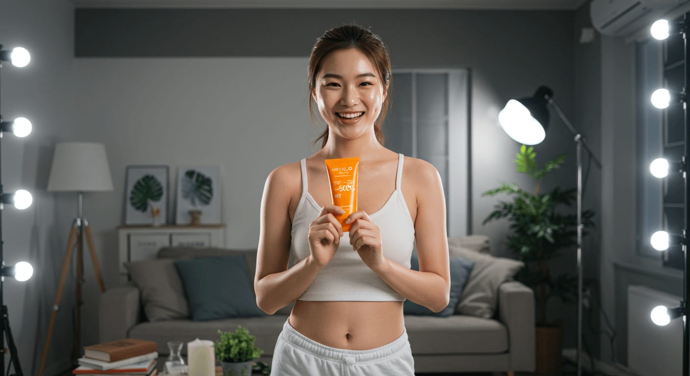 A young woman in a white tank top and sweatpants smiles while holding a tube of sunscreen in a well-lit room with professional lighting equipment.