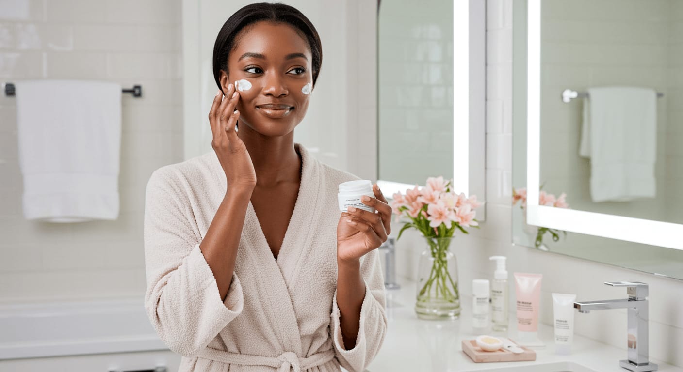 A young woman in a plush beige robe applies a rich moisturizer to her face in a bright, modern bathroom with a well-organized skincare setup.