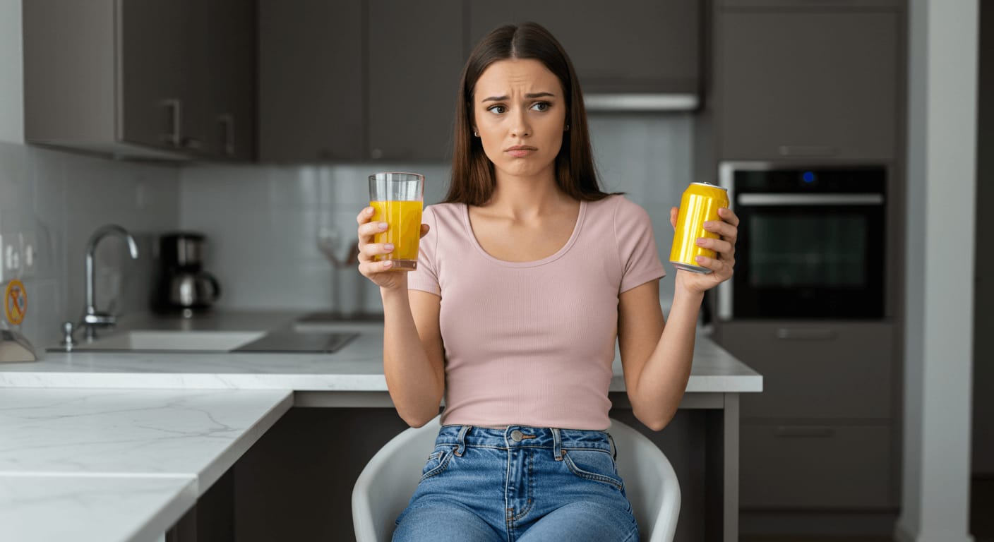 A young woman with a concerned expression holding a glass of orange juice in one hand and a yellow soda can in the other, sitting in a modern kitchen.