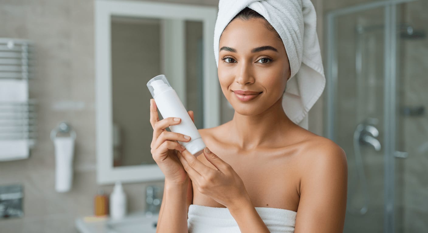 A fresh-faced woman in a white towel wrap holds a skincare bottle in a modern bathroom, highlighting hydration for dry skin.